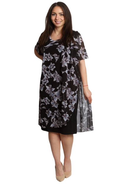 Официална черна рокля с шифон на цветя в големи размери - Maxi Market