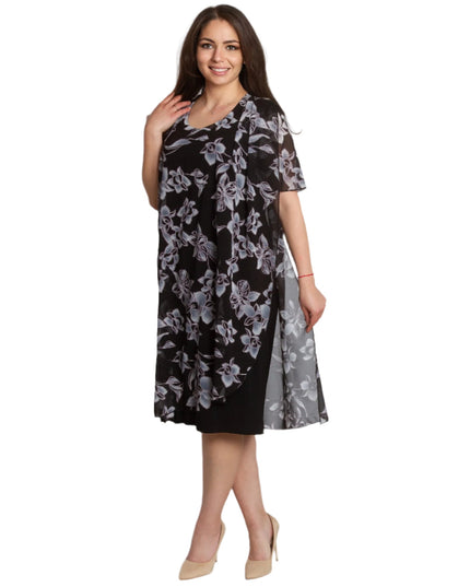 Официална черна рокля с шифон на цветя в големи размери - Maxi Market