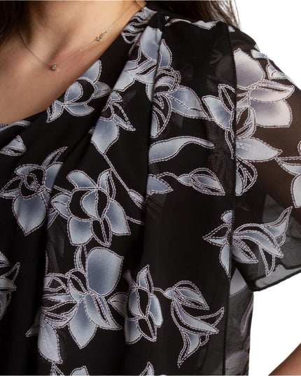 Официална черна рокля с шифон на цветя в големи размери - Maxi Market