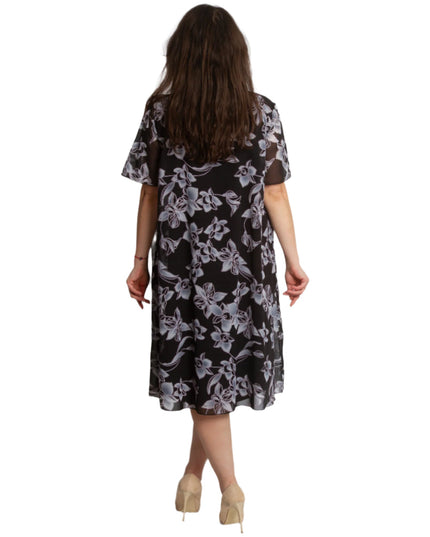 Официална черна рокля с шифон на цветя в големи размери - Maxi Market
