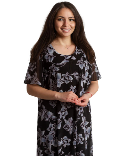 Официална черна рокля с шифон на цветя в големи размери - Maxi Market