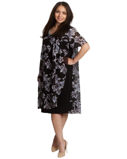Официална черна рокля с шифон на цветя в големи размери - Maxi Market
