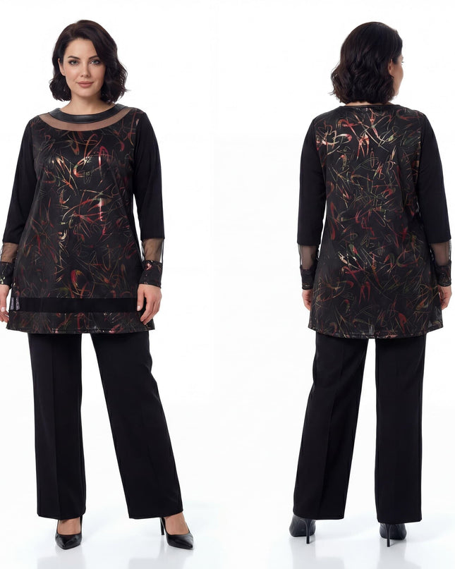 Официална черна туника големи размери с ефектно деколте и абстрактен принт в червено и златисто, представена в комбиниран изглед отпред и отзад.