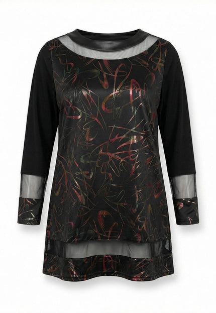 Официална черна туника големи размери с цветен абстрактен десен и прозрачни мрежести панели на деколтето и подгъва, заснета на бял фон.