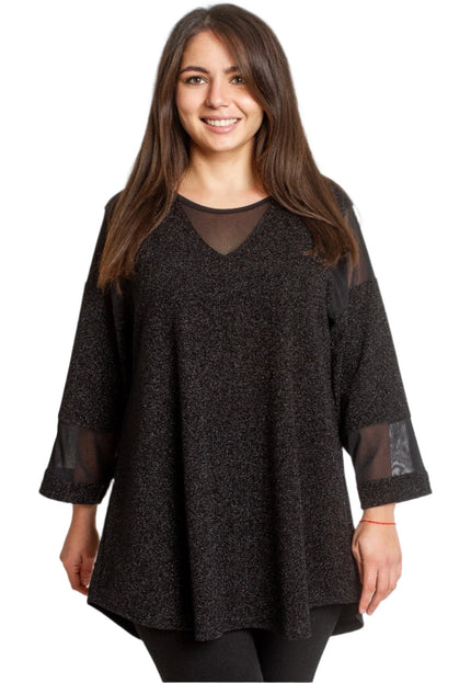 Официална черна туника с блестящ ефект и елементи от тюл - Maxi Market