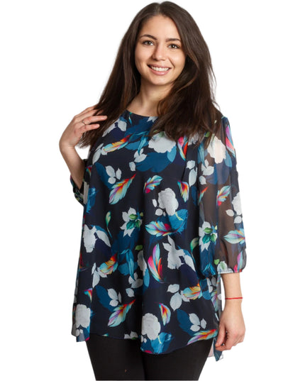 Официална дамска туника с красив принт на цветя и шифон - Maxi Market
