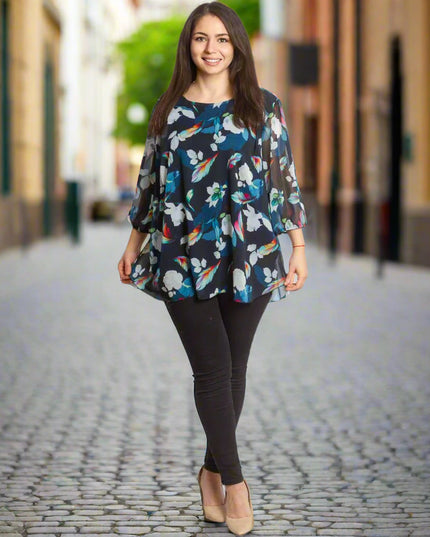 Официална дамска туника с красив принт на цветя и шифон - Maxi Market