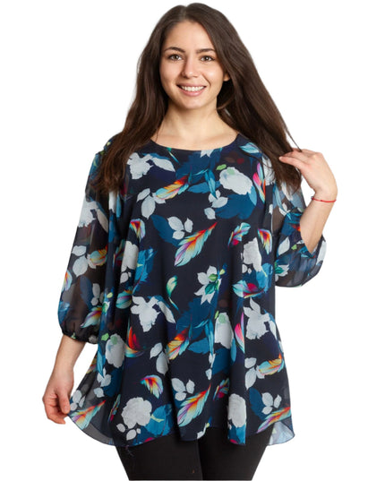 Официална дамска туника с красив принт на цветя и шифон - Maxi Market