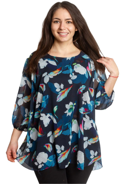 Официална дамска туника с красив принт на цветя и шифон - Maxi Market