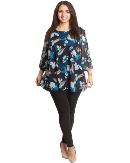 Официална дамска туника с красив принт на цветя и шифон - Maxi Market