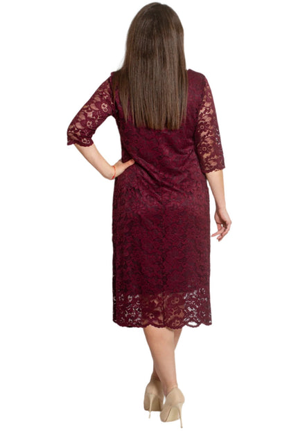 Официална дантелена рокля с 7/8 ръкав - Бордо - Maxi Market