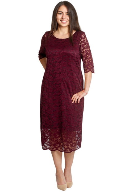 Официална дантелена рокля с 7/8 ръкав - Бордо - Maxi Market