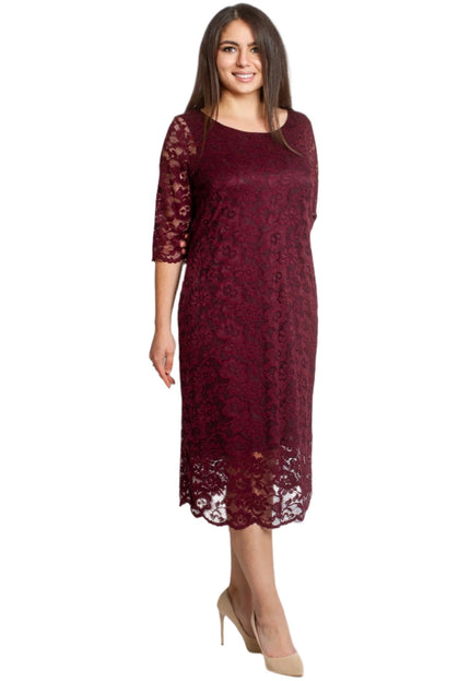 Официална дантелена рокля с 7/8 ръкав - Бордо - Maxi Market