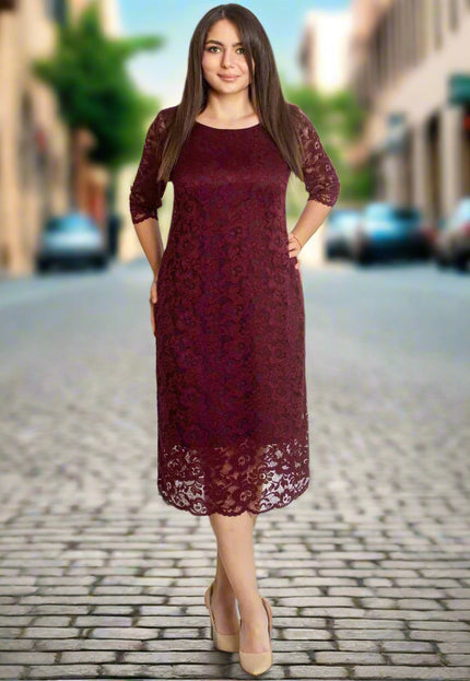 Официална дантелена рокля с 7/8 ръкав - Бордо - Maxi Market