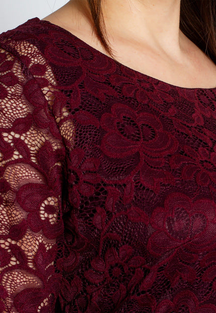 Официална дантелена рокля с 7/8 ръкав - Бордо - Maxi Market