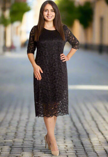 Официална дантелена рокля с 7/8 ръкав - Големи размери - Maxi Market