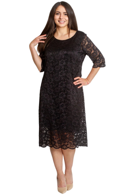 Официална дантелена рокля с 7/8 ръкав - Големи размери - Maxi Market
