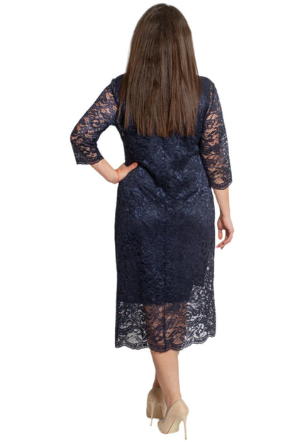 Официална дантелена рокля с 7/8 ръкав - Тъмносиня - Maxi Market