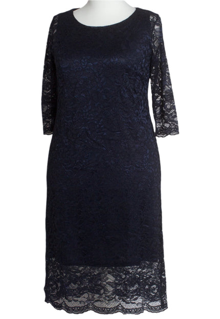 Официална дантелена рокля с 7/8 ръкав - Тъмносиня - Maxi Market
