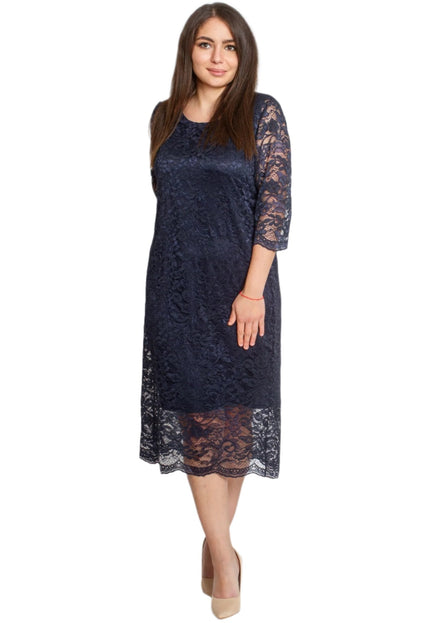 Официална дантелена рокля с 7/8 ръкав - Тъмносиня - Maxi Market