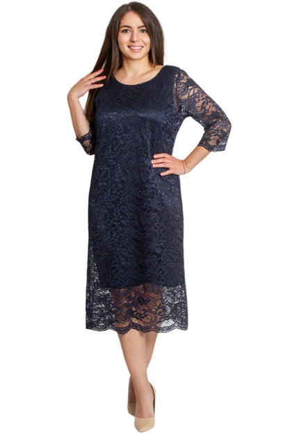 Официална дантелена рокля с 7/8 ръкав - Тъмносиня - Maxi Market