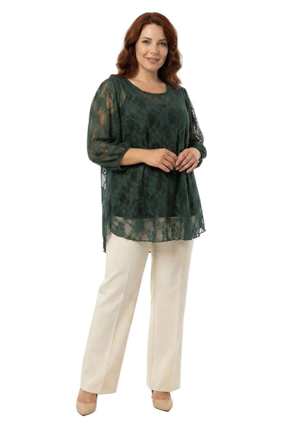 Официална дантелена туника в масленозелен цвят с флорални мотиви и черна подплата, представена в цял ръст върху модел.