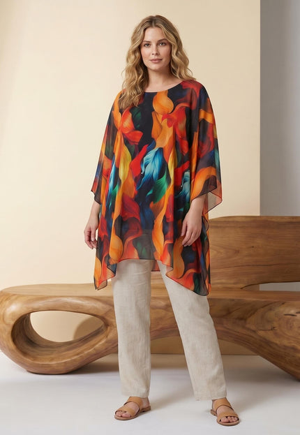 Официална лятна макси туника тип пончо в пъстър десен, шарен цвят, показана в цял ръст.