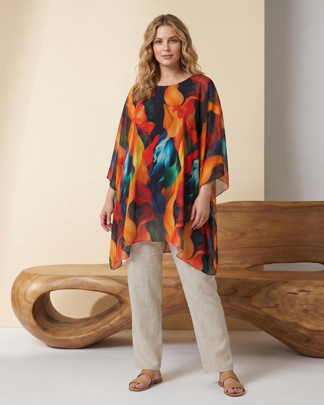 Официална лятна макси туника тип пончо в пъстър десен, шарен цвят, показана в цял ръст.