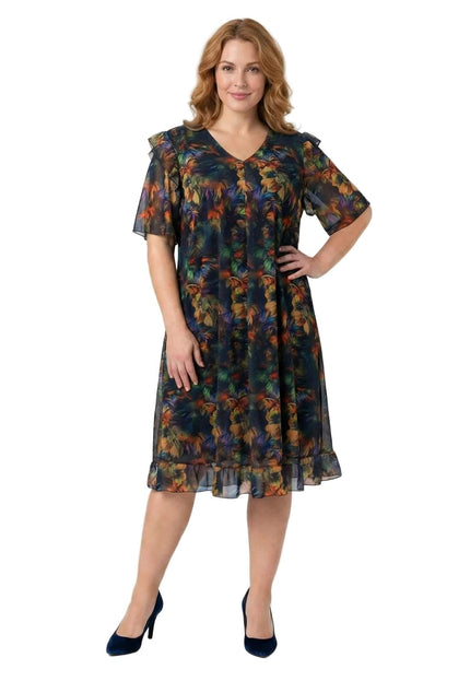 Официална макси рокля от цветен шифон с ефектен ръкав, тъмносиня основа с флорален принт и V-образно деколте, заснета в цял ръст отпред.