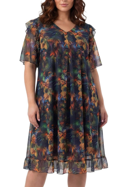 Официална макси рокля от цветен шифон с флорални мотиви и ефектни ръкави, заснета в цял ръст отпред на бял фон.