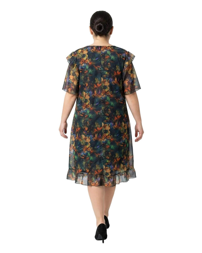 Официална макси рокля от цветен шифон, заснета в гръб на бял фон. Снимката показва разкроената кройка, ефектните ръкави и детайлния флорален принт в тъмни тонове.