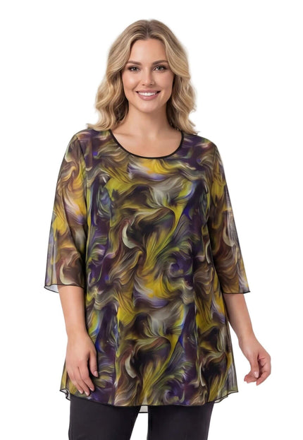 Официална макси туника от две части с ефирен шифон в шарен десен с жълти и лилави мотиви, заснета отпред на бял фон.