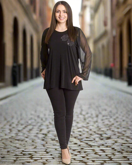 Официална макси туника с апликация на цветя и ръкави от шифон - Maxi Market