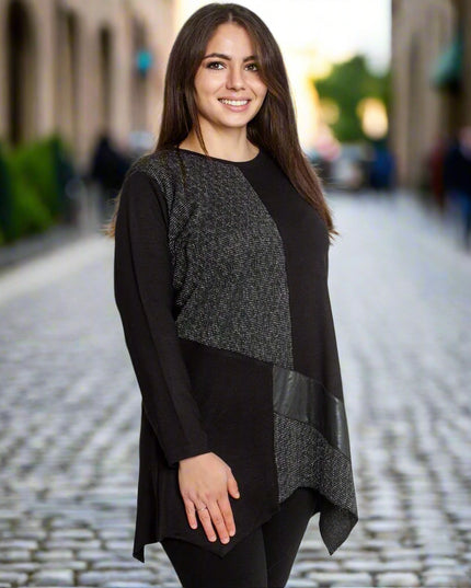 Официална макси туника с асиметрична кройка и елементи от еко кожа - Maxi Market