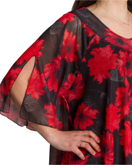 Официална макси туника с червени цветя от шифон и потник - Maxi Market