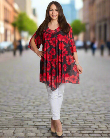 Официална макси туника с червени цветя от шифон и потник - Maxi Market