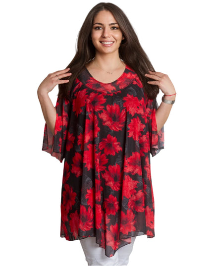 Официална макси туника с червени цветя от шифон и потник - Maxi Market