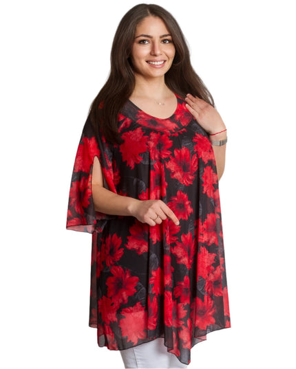 Официална макси туника с червени цветя от шифон и потник - Maxi Market