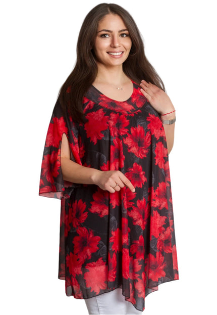 Официална макси туника с червени цветя от шифон и потник - Maxi Market