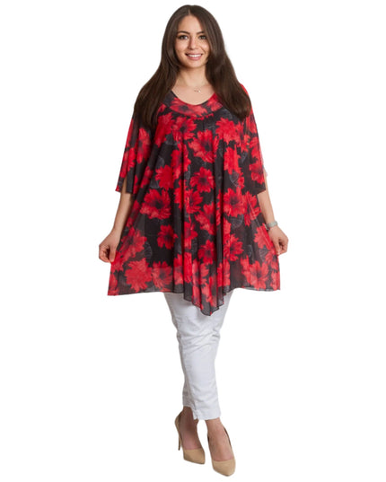 Официална макси туника с червени цветя от шифон и потник - Maxi Market
