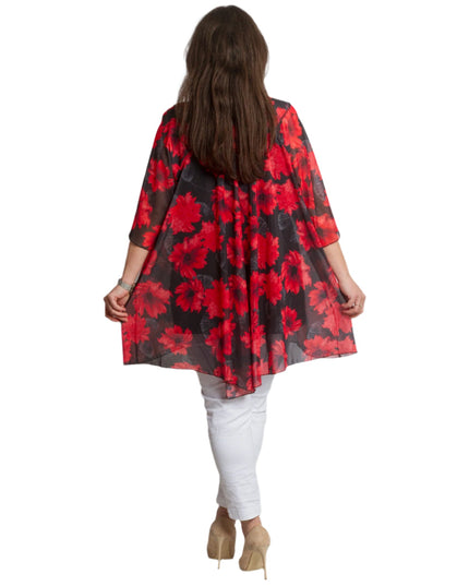 Официална макси туника с червени цветя от шифон и потник - Maxi Market