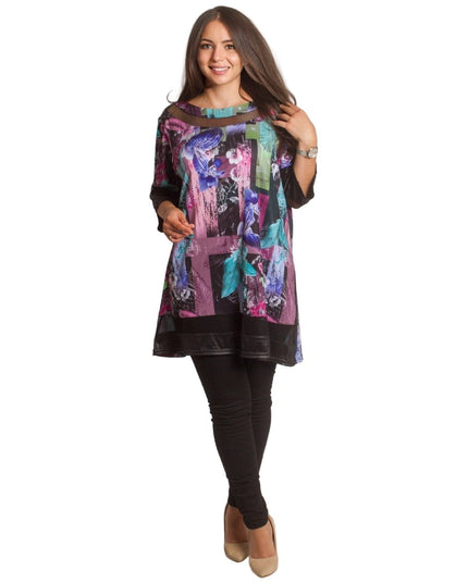 Официална макси туника с флорален принт и кожени акценти - Maxi Market