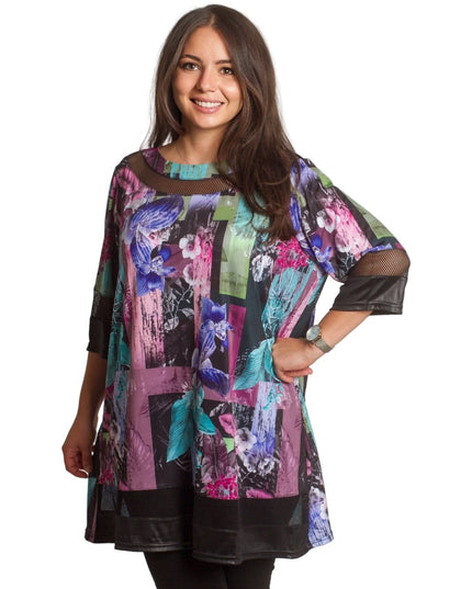 Официална макси туника с флорален принт и кожени акценти - Maxi Market