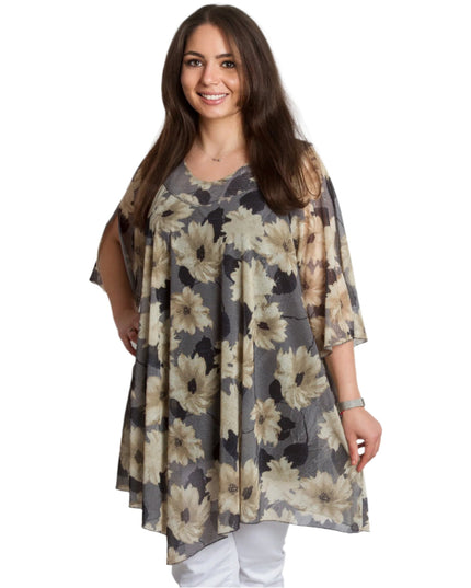 Официална макси туника с кремав флорален десен и шифон - Maxi Market