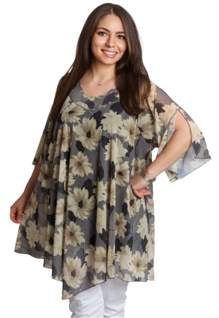 Официална макси туника с кремав флорален десен и шифон - Maxi Market