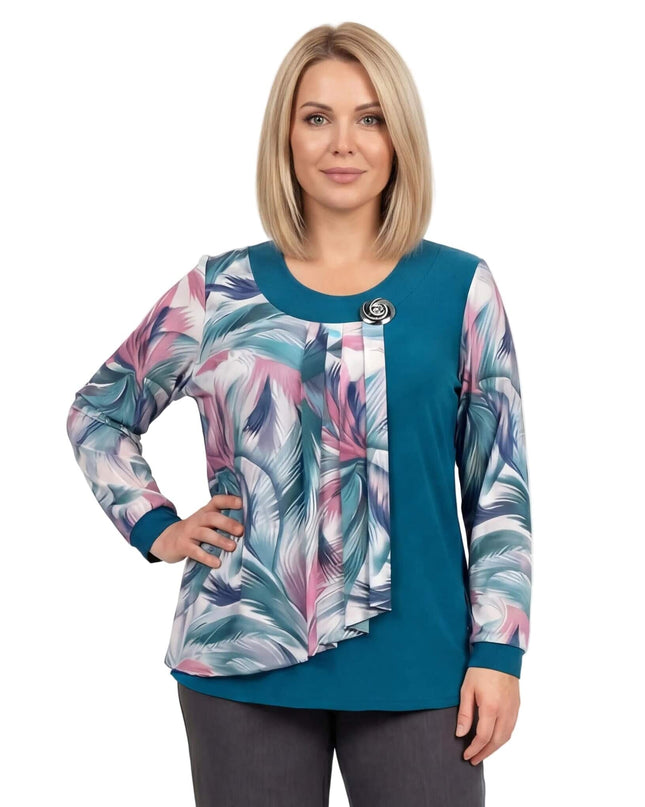 Официална макси туника в цвят петрол с ефирен шифон на принт и декоративна брошка, заснета отпред на бял фон.