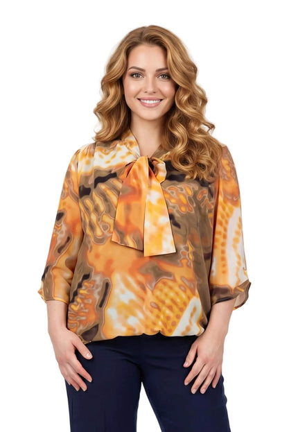 Официална оранжева туника с панделка и абстрактен десен за макси дами, завършваща с ластичен подгъв, вид отпред.