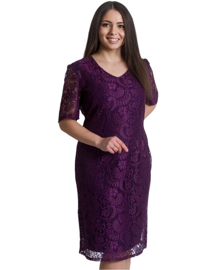 Официална права рокля с дантела в лилав цвят - Maxi Market