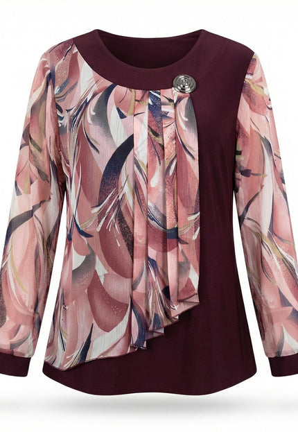 Официална разкроена макси туника в бордо с ефирен цветен шифон и декоративна брошка при деколтето, заснета отпред на бял фон.