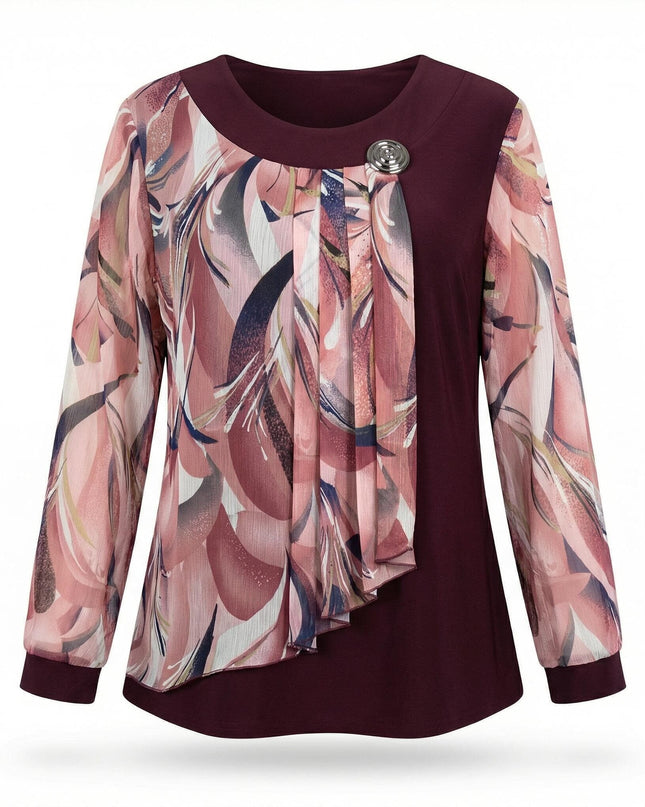 Официална разкроена макси туника в бордо с ефирен цветен шифон и декоративна брошка при деколтето, заснета отпред на бял фон.